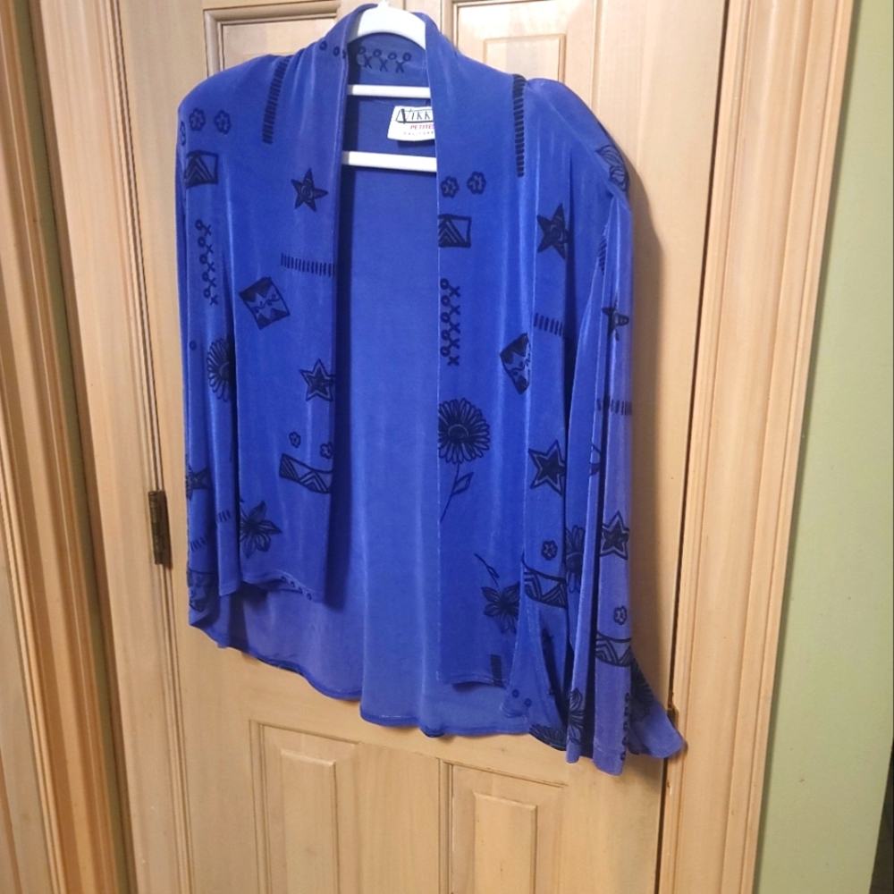 Vintage Petites Vikki Vi Abstract Open Front Blue Sweater Sz 14P - Picture 1 of 8